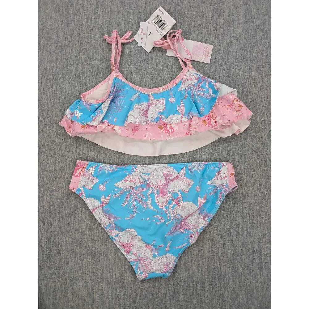 LoveShackFancy X Hurley Bikini Set Girls Large 12-14 Blue Mermaid Ruffle Floral